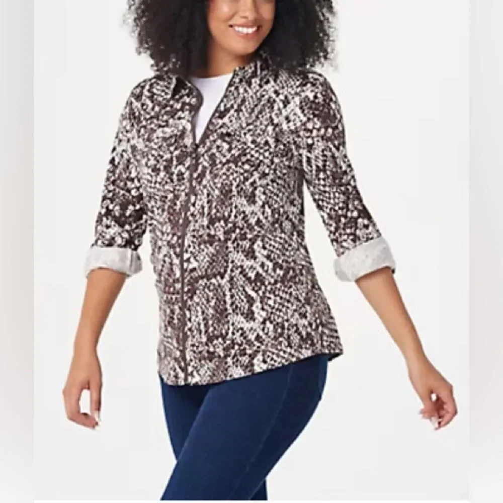 Belle by Kim Gravel TripleLuxe Knit Snake Print Utility Zip Sweater Sz L - Picture 1 of 7